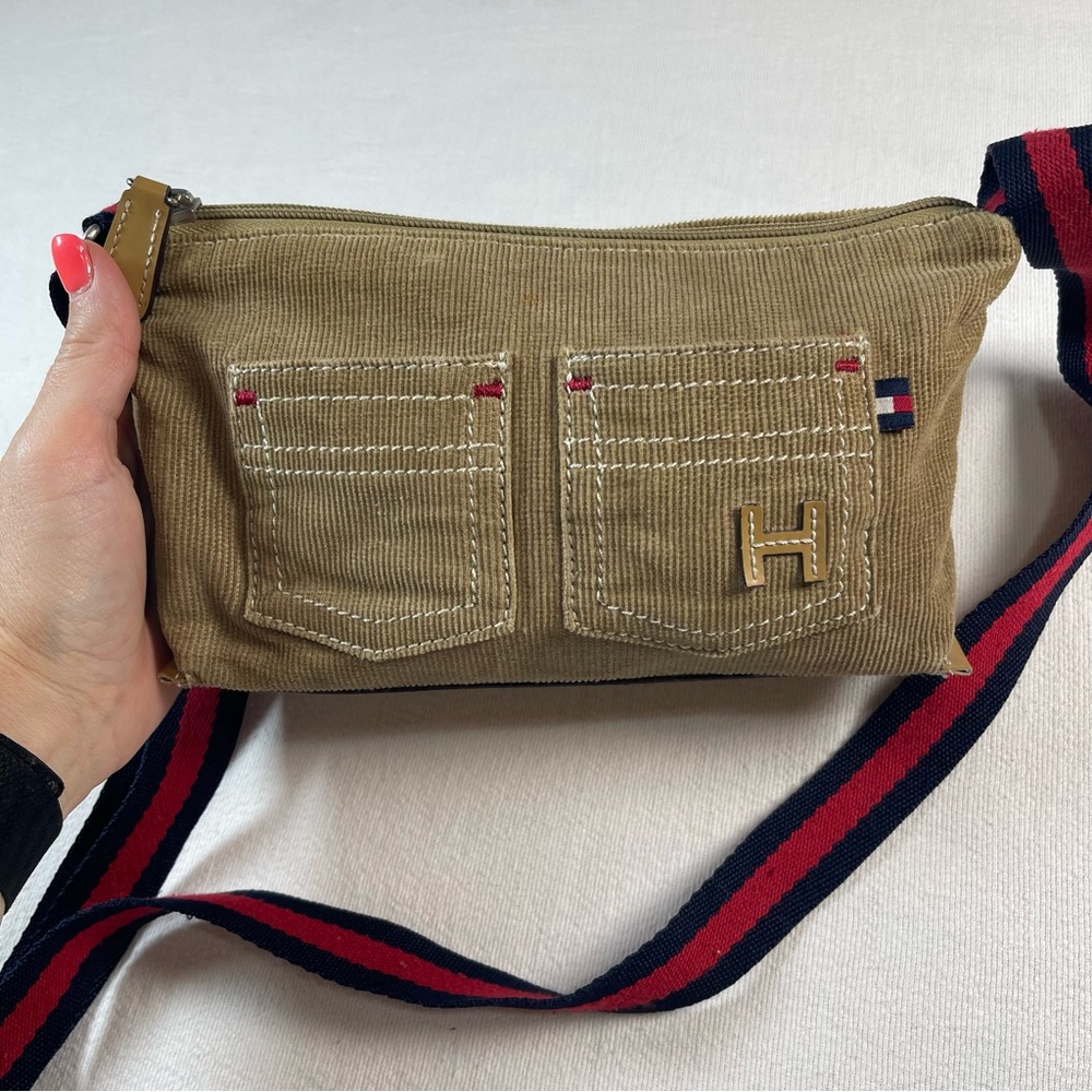 Tommy Hilfiger Tan Corduroy Mini Crossbody with Navy & Red Strap